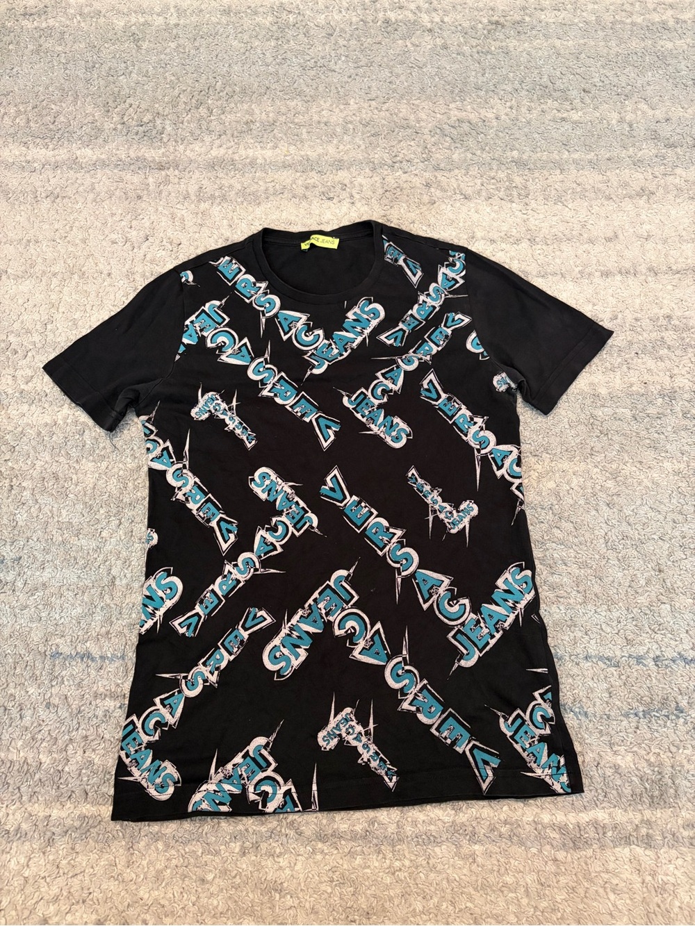 Versace Jeans T Shirt Mens Medium Black All Over Print Graphic Logo Tee Italy